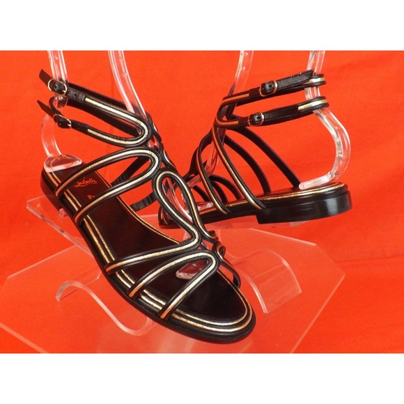 LOUBOUTIN ZENOSANDY BLACK LEATHER CAGED BUCKLES FLATS GLADIATOR SANDALS 40 - Picture 2 of 12
